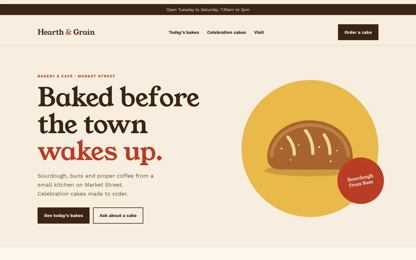 The Hearth & Grain concept homepage on a desktop screen