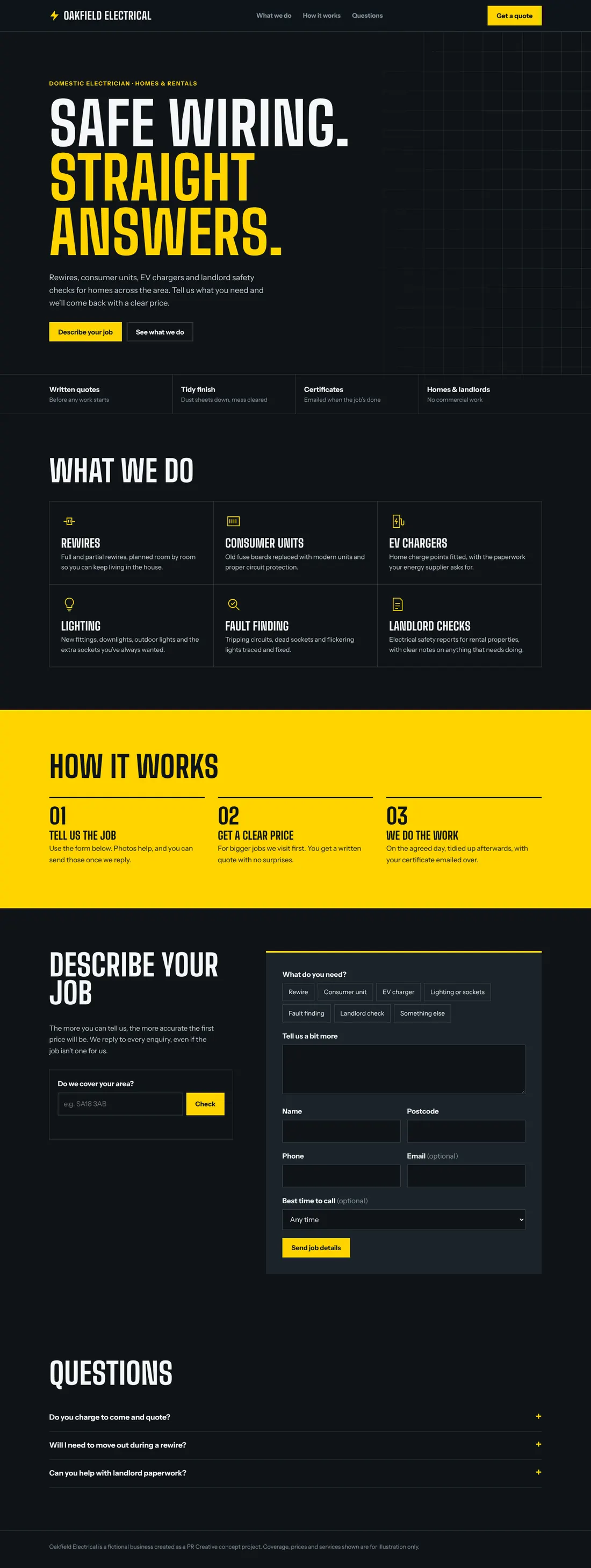 Full-length screenshot of the Oakfield Electrical concept homepage